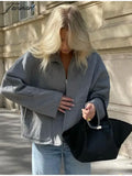 Tavimart - Women Grey Lapel Patchwork Zipper Coat Long Sleeve Oversized Loose Autumn Jacket Chic