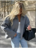 TAVIMART -  Women Grey Lapel Patchwork Zipper Coat Long Sleeve Oversized Loose Autumn Jacket Chic Female Casual Commute Office Outwear