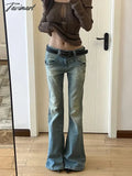 TAVIMART  -  Women Gyaru Japanese Harajuku Y2K Streetwear Low Rise Flare Denim Pants Jeans 2000s Vintage Bell-Bottom Trousers Kpop Goth Tide