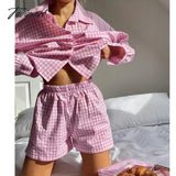 Tavimart Women's Home Clothes Lounge Wear Pajamas Pink Plaid Long Sleeve Shirt Tops and High Waisted Mini Shorts Two Piece Set Tracksuit