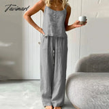 Tavimart Women Sleeveless Loose Solid 2Pc Set Casual Cotton Linen Outfits Elegant O - Neck Pullover
