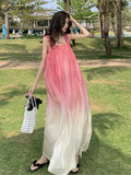 Tavimart Women Summer Fashion Gradient Color Pink Bohemian Casual Long Dress Lady Chic Flower Appliques Relax Fit Robes Vestidos