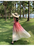Tavimart Women Summer Fashion Gradient Color Pink Bohemian Casual Long Dress Lady Chic Flower