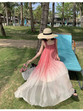 Tavimart Women Summer Fashion Gradient Color Pink Bohemian Casual Long Dress Lady Chic Flower