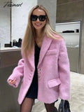 Tavimart Women Sweety Pink Lapel Wool Jackets Long Sleeve Single Breasted Pockets Coat Autumn Female Office Commuter Outwear