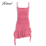 Tavimart Womens Pink Dress Sling Sleeveless Ruffles Sexy America Fashion Temperament Minimalist
