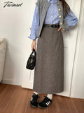 Tavimart Woolen Long Skirt Women Korean Style High Waist Straight Office Lady Elegant Vintage Warm
