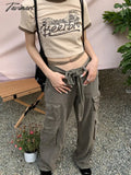TAVIMART  Y2K Gothic Cargo Pants Brown Fairy Grunge Baggy Jeans Women Gyaru Low Rise Pants Rave Outfits Pockets Jeans for Female