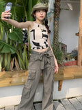Tavimart Y2K Gothic Cargo Pants Brown Fairy Grunge Baggy Jeans Women Gyaru Low Rise Rave Outfits