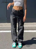 Tavimart Y2K Gothic Trousers Jeans Black Vintage Clothes Women Rave Outfits Denim Low Rise Pockets