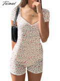 Tavimart Y2K Long Sleeve Bodysuit V Neck Bodycon Floral Print Shorts Stretchy Pajama Playsuit
