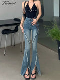Tavimart Y2k Slit Raw Edge Strappy Flared High Waist Jeans Retro High Street Fashion Wide Leg Pants Hot Girl Casual Simple Trousers