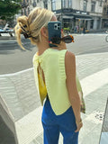 Tavimart Yellow Knit O - Neck Sleeveless Cropped Top Vest Sexy Backless Lace Up Casual Elegant