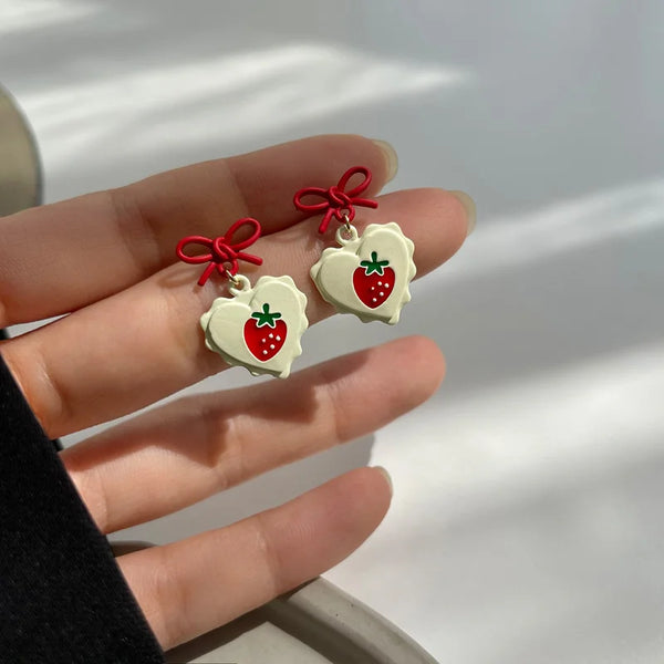 TAVIMART  -  Fashion White Red Acrylic Love Strawberry Cherry Stud Earrings Irregular Geometric Bow Stitching Small Earrings for Women