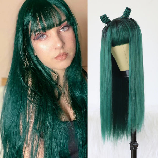 TAVIMART  -  Green Wig with Bangs Long Straight Wig With Dark Roots Synthetic Heat Resistant Cosplay Costume Halloween Wigs for Women