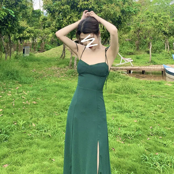 TAVIMART  -  French Retro V-Neck Green Chiffon Strap Dress Womem Vintage Sweet Midi Camisole Dress Side Split Casual Long Dress New