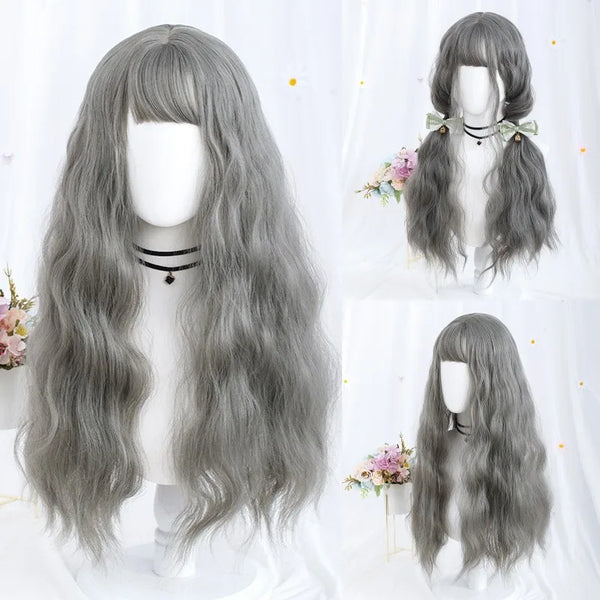 TAVIMART  -  Long Curly Synthetic Hair Gray Purple Natural Black Thin Vine Color Cosplay Wig with Bangs for Women