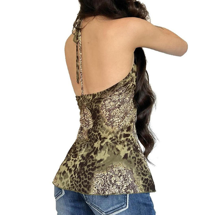 cybergoth dress to impress Leopard Print Halter Strap Vest Sexy Backless Ruffled Mid-Length Camisole Top