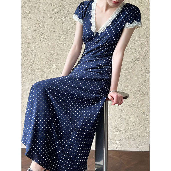 TAVIMART  -  Women Lace Trim Polka Dot Printed Midi Dress Summer New Ladies V-Neck Lace Up Short Sleeve Slim Elegant Temperament Robe