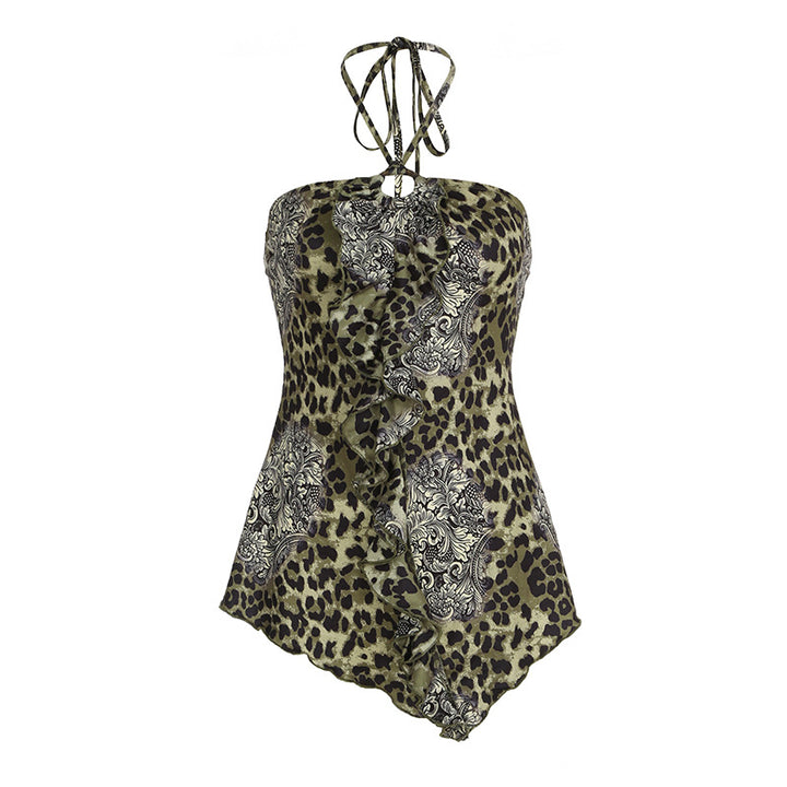 cybergoth dress to impress Leopard Print Halter Strap Vest Sexy Backless Ruffled Mid-Length Camisole Top