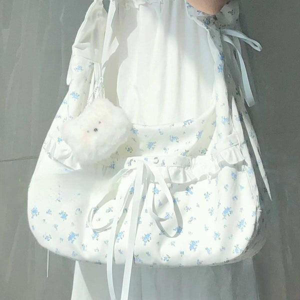 Fresh Canvas Bag 2024 New Fashion One-Shoulder Floral New Bow Fresh Cloth Bag Cute Cloth Bag