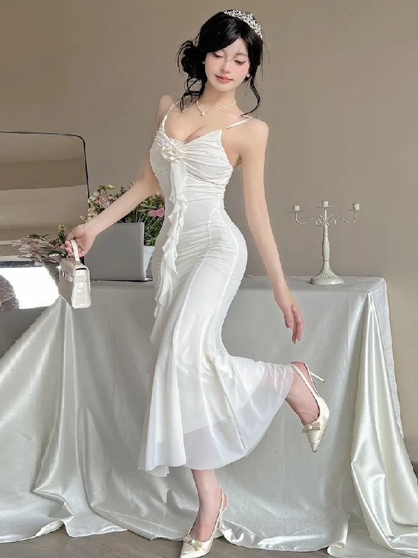 TAVIMART  -  Women Dresses Sleeveless V Neck Ruffles Slim Elegant Backless Ruffles Ribbon Temperament Elegant Dress Sexy Ladies