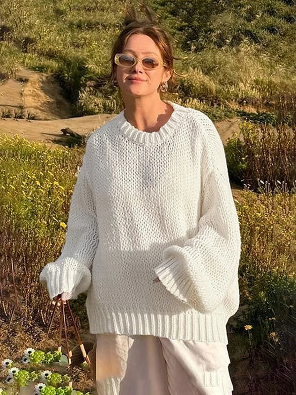 TAVIMART  -  White Loose Lazy Sweater Women's Thin Long-Sleeved Pullover Knitted Top Hollow Out Fashion Autumn Female Casual Knitwear