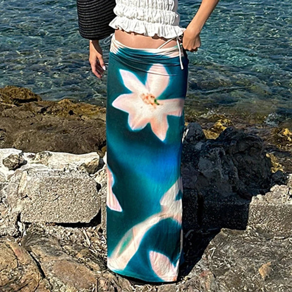 TAVIMART  -  Retro Flower Print Elegant Hip-Hugging Long Skirt Women's Low-Waist Fashion Sexy Slim Tie-Dye Skirt Beach Holiday Summer