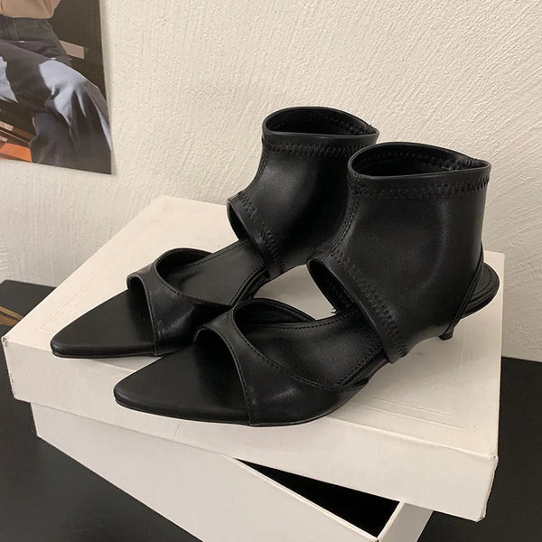 TAVIMART  -  Open Toe Footwear Low Heel Modern Women Ankle Booties Shoes Fashion Stretch Female Heeled Sandals Boots Shoes For Ladies Black