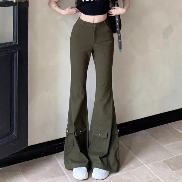 TAVIMART  -  Cargo Jeans, Army Green Multi-Pocket Women'S Slimming American Retro High-Waisted Boot-Cut Trousers Floor-Length Trousers