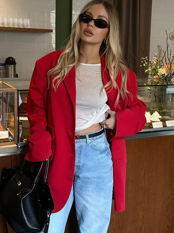 TAVIMART  -  Autumn Red Fashion Blazer Women 2024 New Single Breasted Long Sleeve Pockets Outerwear Streetwear Fashion Casual Jackets Female