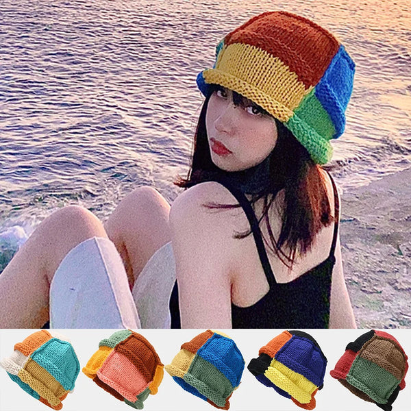 TAVIMART  -  Fashion Color Patch Beanie Hats For Women Hand Crocheted Skull Caps Spring Autumn Outdoor Ear Protector Hollow Thin Knitted Hat