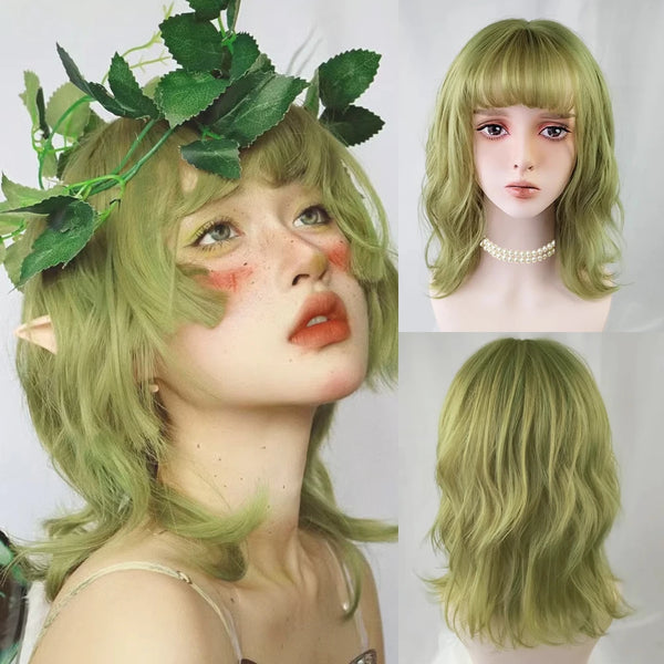 TAVIMART  -  Synthetic Cosplay Wig For Women Pink Red Golden Green Brown Medium Length Curly With Bangs