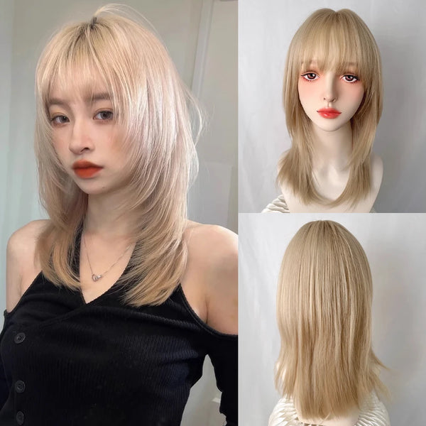 TAVIMART  -  Short Straight Blonde Synthetic Layered Wig with Bangs Fluffy Lolita Cosplay Women Wig Heat Resistant for Daily Party