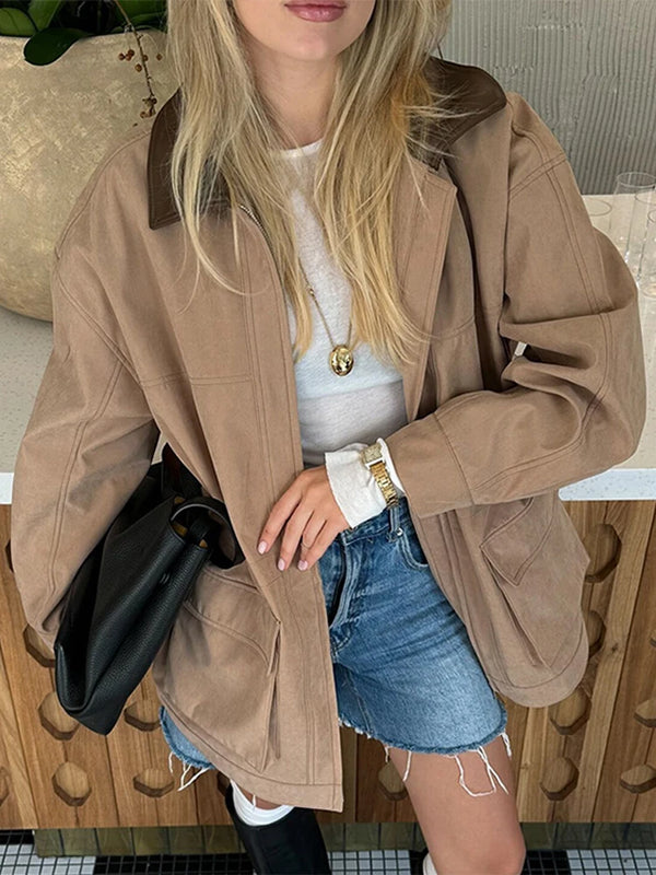 TAVIMART  -  Casual Leather Lapel Jackets Women Vintage Khaki Zipper Pockets Jacket Coat Female Autumn Winter Chic High Street Outwear