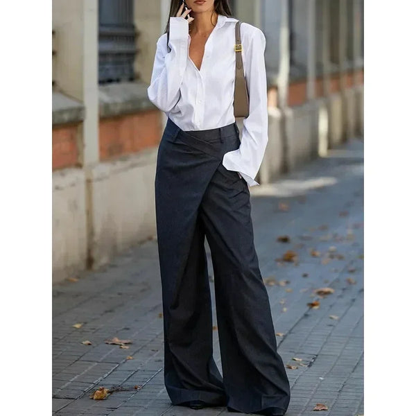 TAVIMART  -  Women Fashion Asymmetric High Waist Pants New Autumn Solid Color Split-Joint Loose Wide Leg Urban Office Trousers