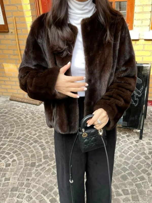 TAVIMART  -  Women Dark Brown Fashion Faux Fur Cropped Coat Elegant O-neck Buckles Long Sleeve Warm Jacket Lady Fall Winter Chic Streetwear ﻿