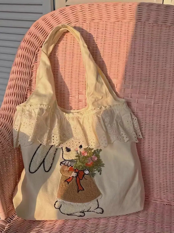 TAVIMART  -  Rabbit Embroidery Beige Shoulder Bags Women Lolita Cute Lace Large Capacity Tote Bag Handbag Female Canvas Underarm Bag