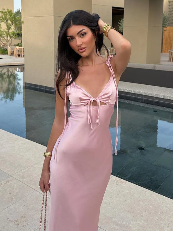 TAVIMART  -  Sexy Pink Hollow Out Women Sling Maxi Dress Fashion V-neck Sleeveless Backless Slim Satin Dresses Summer Lady Party Club Robes