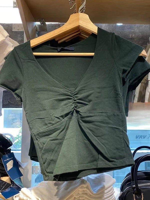 TAVIMART  -  Casual Women Folds Slim Tees Summer Green Sexy V Neck Cotton Short Sleeve T-shirts Simple Vintage Solid Y2k Crop Top 2024 New