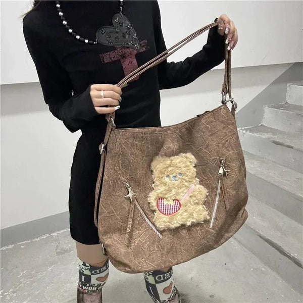 TAVIMART  -  Y2k Vintage Shoulder Bag for Women Cute Bear Pleated Fashion Casual Backpack Kawaii Original Large Capacity Ladies Tote Bag