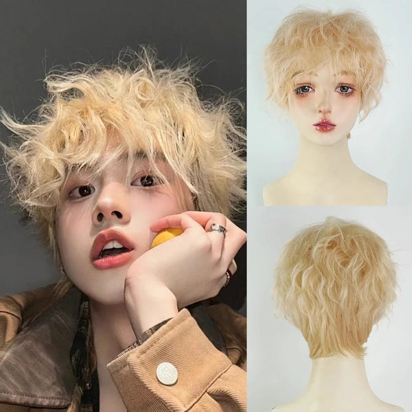 TAVIMART  -  Men Short Wavy Curly Synthetic Blonde Wig with Bangs Fluffy Cosplay Hair Heat Resistant Wig for Daily Party