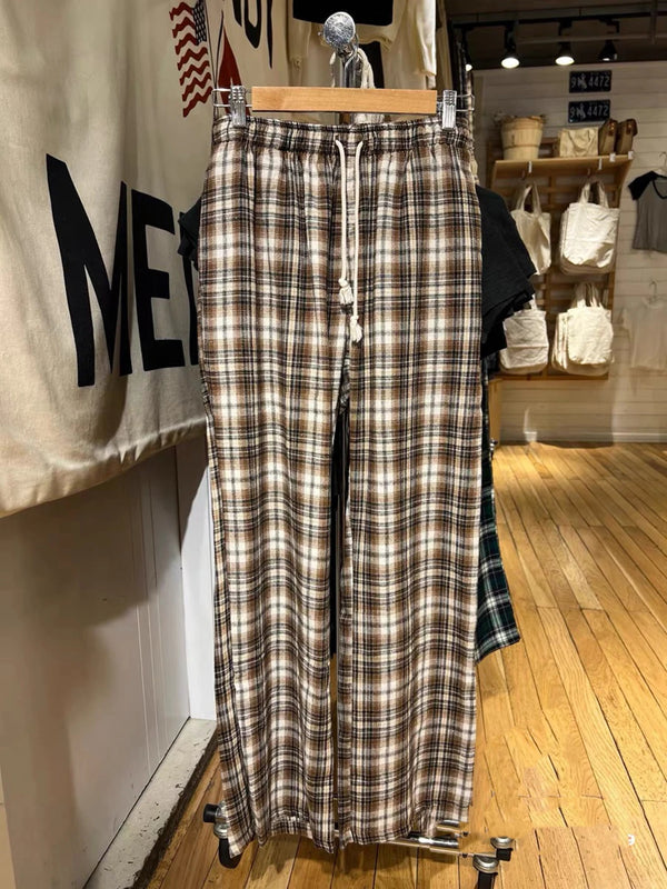 TAVIMART  -  Vintage Brown Plaid Drawstring Straight Pants Autumn Cotton Elastic High Waist Street Loose LongPant Female wear Vintage Trouser