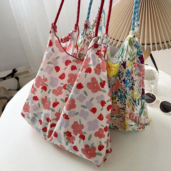 TAVIMART  -  Korean Elegant Flower Print Tote Bags Vintage Sweet Y2k Cute Women's Handbags High-capacity Casual Kawaii Shoulder Canvas