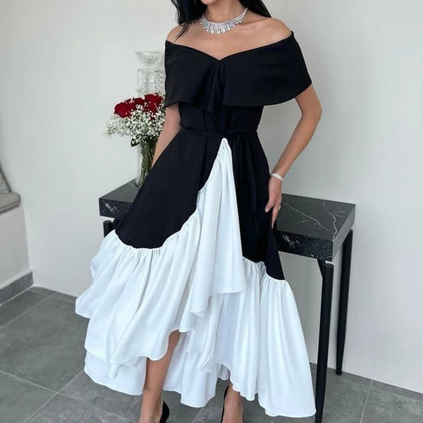 TAVIMART  -  Black White Arabic Prom Dresses Off The Shoulder Satin Formal Dress Outfits Evening Party Gowns Women Wedding Wear