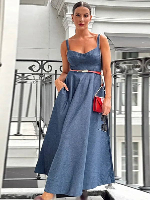 TAVIMART  -  Vintage Blue Denim High Waist Maxi Dress Women Elegant Square Neck Loose Long Dresses 2024 Fashion Party Commute Streetwear Robe