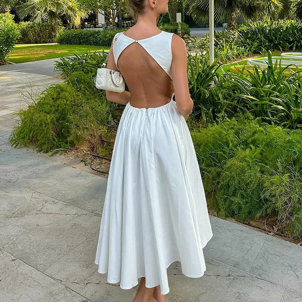 TAVIMART  -  Summer Elegant Backless Long Dress Women Solid White O Neck Sleeveless Patchwork Pleated Casual A-line Robe Streetwear