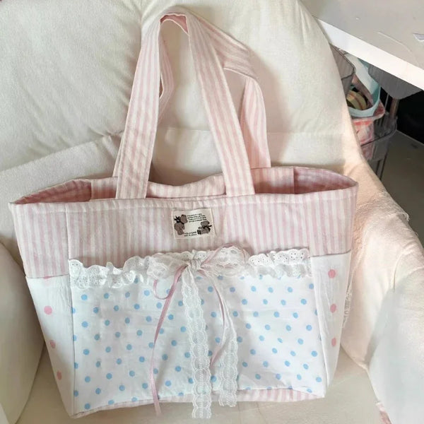 TAVIMART  -  Patchwork Contrast Color Striped Women's Handbags Kawaii Bow Lace Dot Shoulder Underarm Bag Fashion Chic Y2k Aesthetic Tote Bags