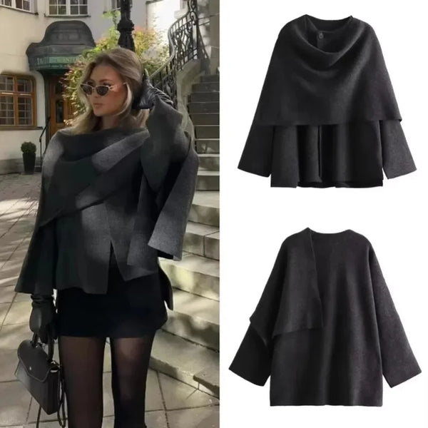 TAVIMART  -  Fashion Asymmetric Scarf Knitted Jacket Women O Neck Single Button Side Slit Solid Loose Coat Winter New Female Chic Outerwear