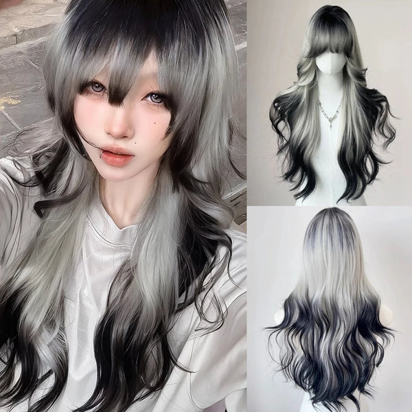 TAVIMART  -  Synthetic Long Wavy Ombre Grey Black Wig with Bangs Fluffy Women Lolita Cosplay Heat Resistant Wig for Daily Party